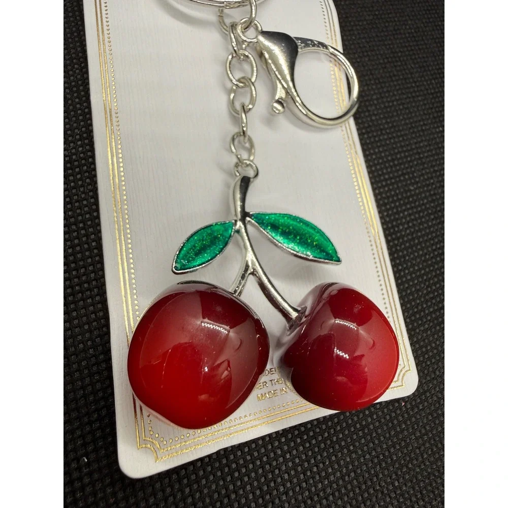 Red Cherry Keychain Silver Tone Glitter Leaf Bag Charm NEW Novelty Retro